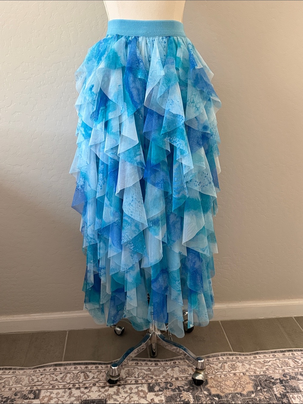 Anthropologie Blue & Teal Tiered Ruffle Maxi Skirt